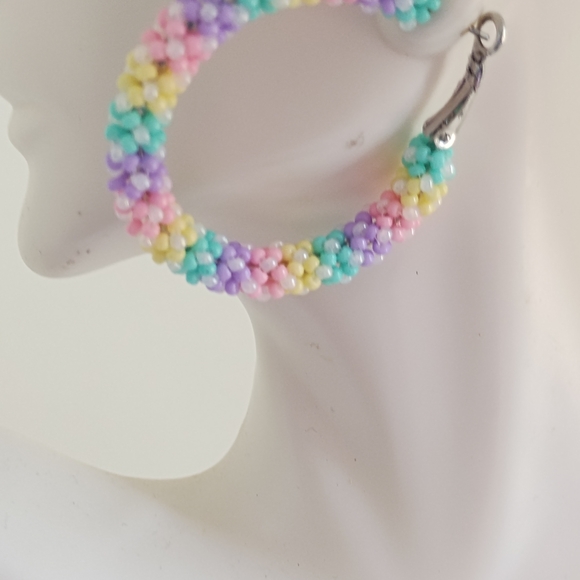Hand Crafted Multicolor Beaded Hoop Earrings - Picture 4 of 6